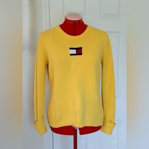 RARE Vintage Y2K Tommy Hilfiger Yellow Ribbed Cotton Sweater Flag Logo Size S–M